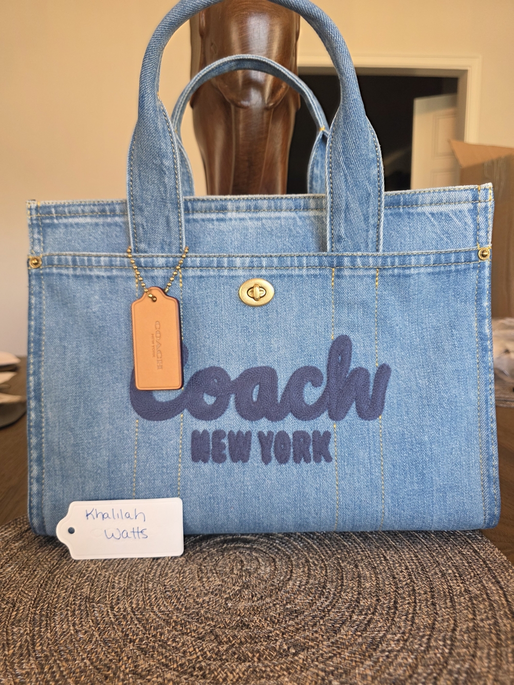Coach Denim Tote in Light Blue with Navy Logo and Tan Tag